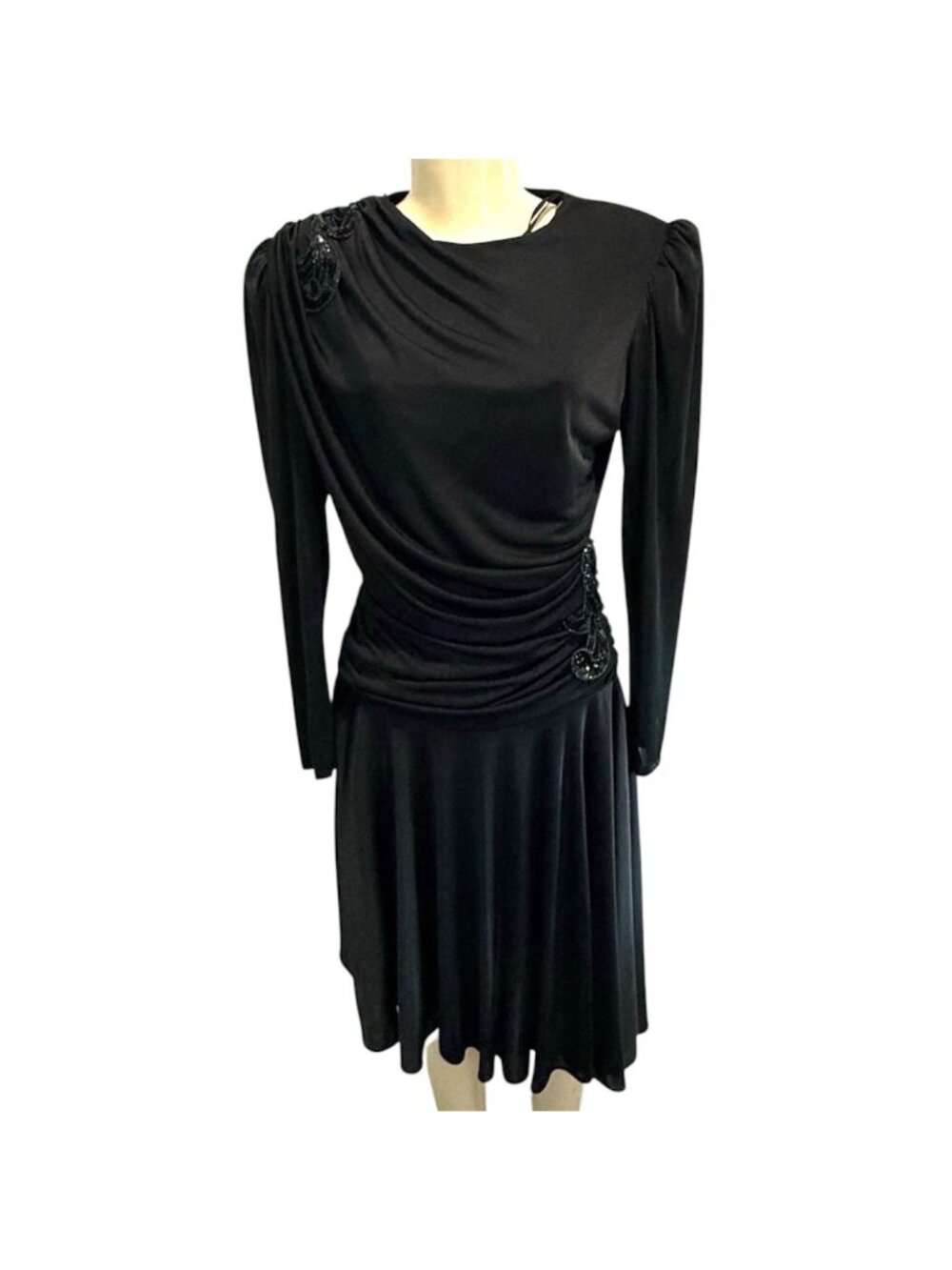 FILIGREE Vintage Black Sequin Ruched Evening Homecoming Long Sleeve Dress Size 8